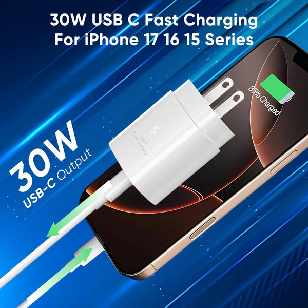 30W USB C Fast Charger Compatible Iphone 16/16 Plus/16 Pro/16 Pro Max/Iphone 15/15 Pro Max/Ipad Pro/Airpods, PD USBC Fast Charging Block Wall Plug