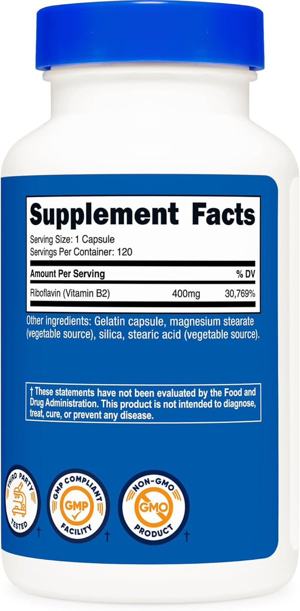 Nutricost Vitamin B2 (Riboflavin) 400Mg, 120 Capsules - Gluten Free, Non-Gmo