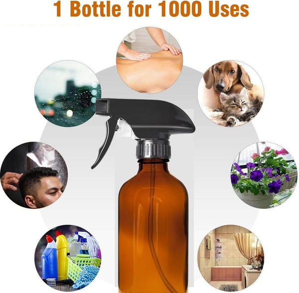 LANBEAUTIFY 8oz Amber Glass Spray Bottles - 2 Pack Empty Refillable Bottles for Cleaning, Hair Care, Essential Oils, Plants - Includes Durable