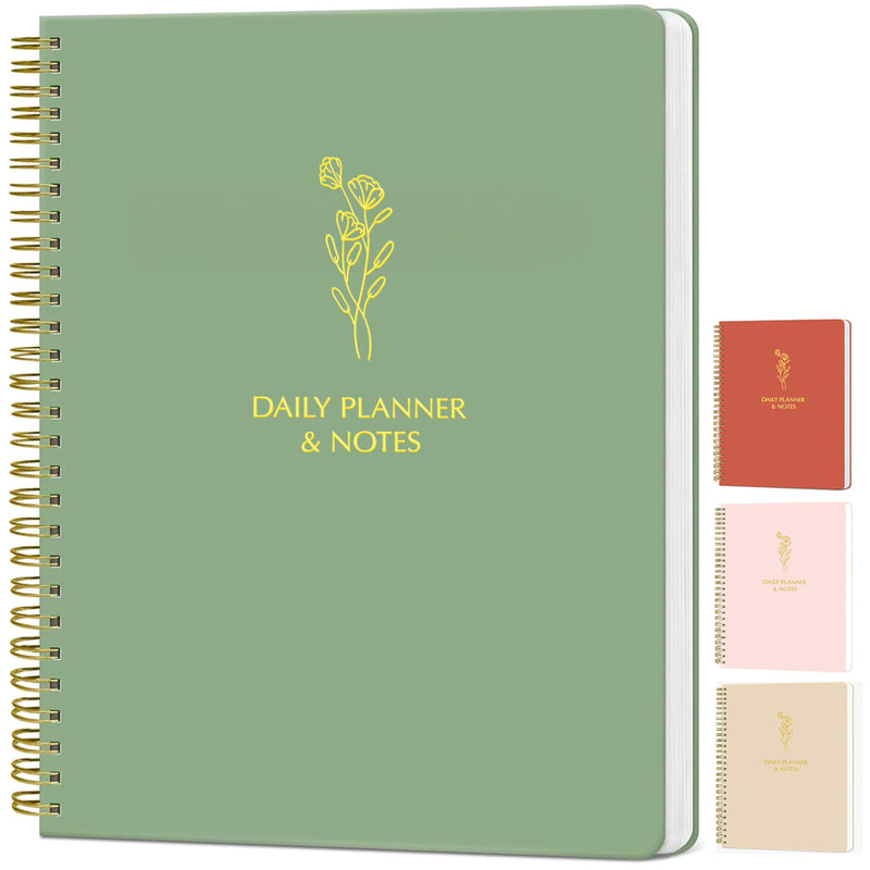 Simple Daily Planner Undated with Hourly Schedule - 6.5X9.25" Sage Green Day Planner & Spiral to Do List Notebook - Aesthetic and Cute Work