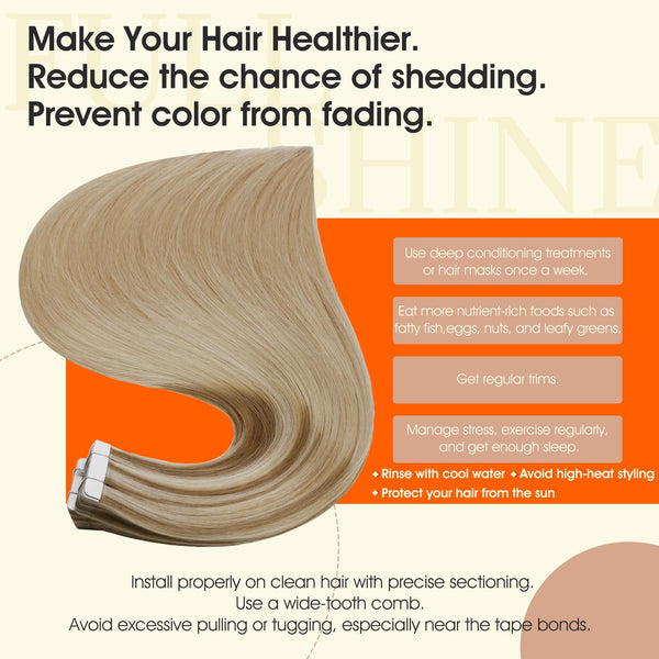 Full Shine Tape In Hair Extensions Human Hair, Golden Brown Blonde 14 Inch | 50G 20Pcs, Remy Hair Extensions Real Human Hair, Invisible Skin Weft,