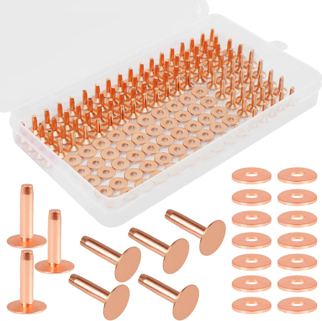 Junesunshine 154Pcs Copper Rivets for Leather, 2 Smooth Leather Rivets without Pattern, Pure Copper Rivets and Burrs for