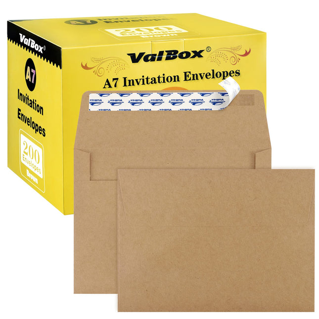 Valbox 200 Qty A7 Invitation Envelopes 5 X 7, 120GSM Brown Kraft Paper Envelopes