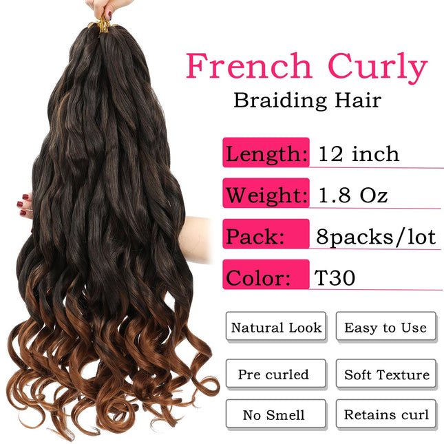 French Curly Pre-Stretched Braiding Hair 12 Inch 8 Packs - Bouncy Loose Wavy Syn