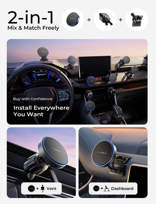 LISEN 15W MagSafe Car Mount Charger, Magnetic Phone Holders for Your Car Black G