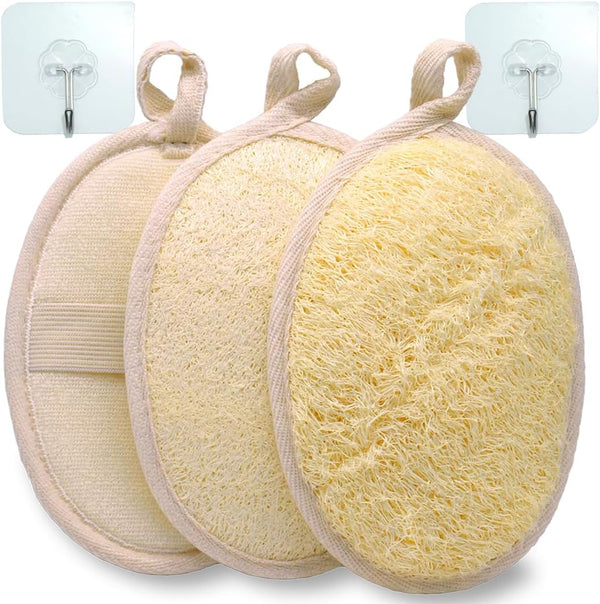 Natural Loofah Bath Exfoliation Body Scrubber, 3 Pack | Shower Sponge, Eco-Friendly Biodegradable, Exfoliating Scrubber, Women & Men, Beige