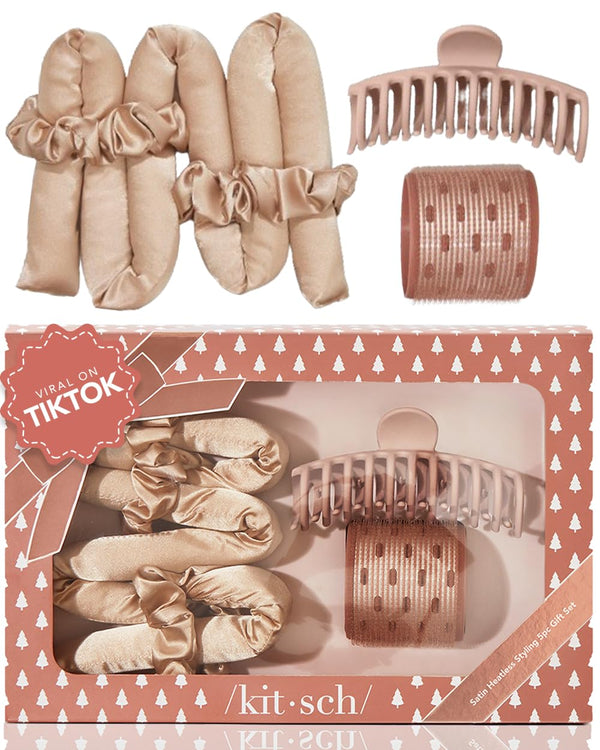 Kitsch Satin Heatless Hair Curler Styling 5pc Gift Set - Satin Heatless Hair Curler w/ 2 Scrunchies, Ceramic Thermal Roller & Claw Clip, Gifts for