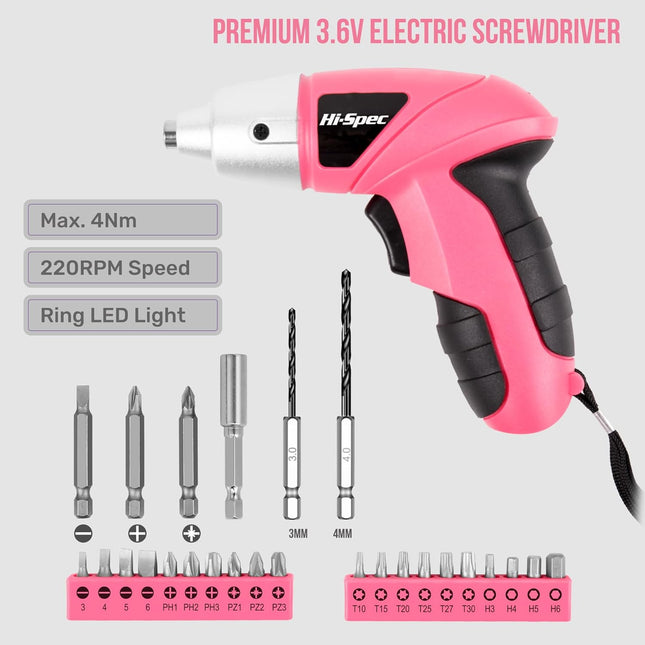 Hi-Spec Small Electric Screwdriver, Mini Drill Set, Rechargeable 3.6V Cordless Screwdriver with 26 Driver Bits, Power To