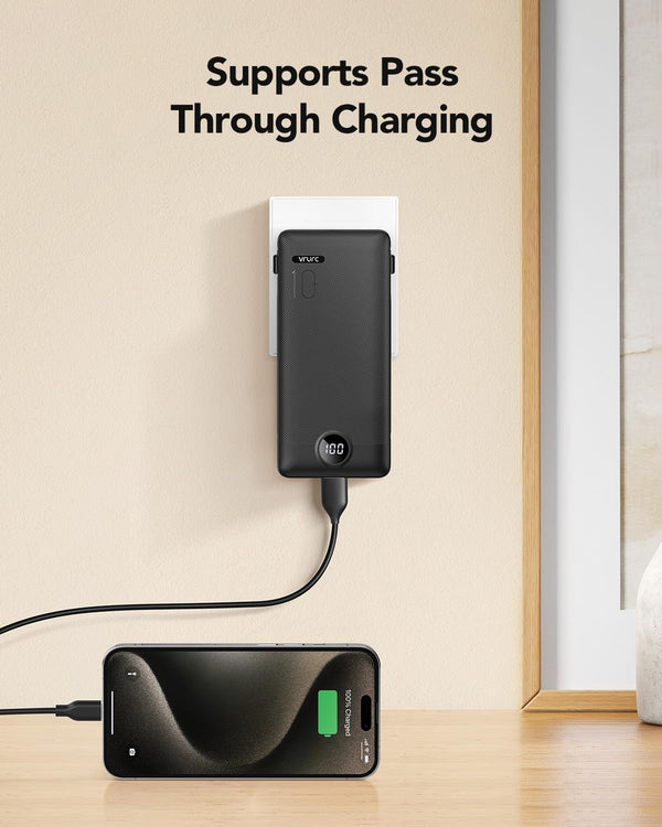 VRURC Portable Charger Built-In Cables and AC Wall Plug, USB C Power Bank 10000Mah, Travel Essentials Phone Charger Compact Lightweight External