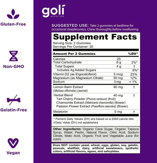 Goli Dreamy Sleep Gummy - 60 Count - Melatonin, Vitamin D, Magnesium, and Lemon Balm Extract - Gelatin-Free, Gluten-Free, Vegan & Non-GMO 5mg
