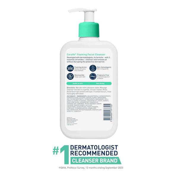 Cerave Foaming Facial Cleanser, Daily Face Wash for Oily Skin, Hyaluronic Acid + Ceramides + Niacinamide, Fragrance Free & Paraben Free,