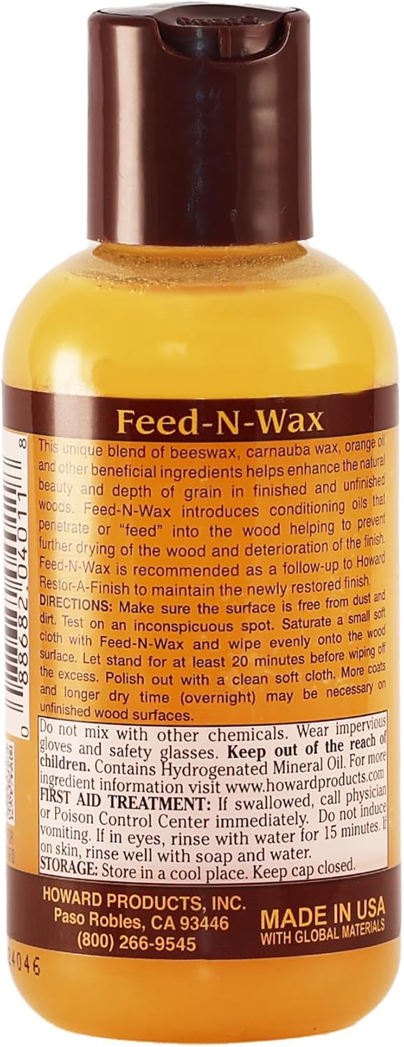 Howard Products Beeswax Wood Polish & Conditioner, Feed-N-Wax for Wood Furniture Polish, 4.7 Oz, Orange