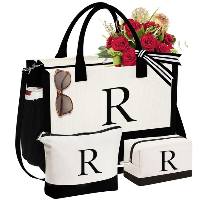 YOOLIFE Initial Canvas Tote Bag & Makeup Bag, Birthday Gifts for Women Mom Siste