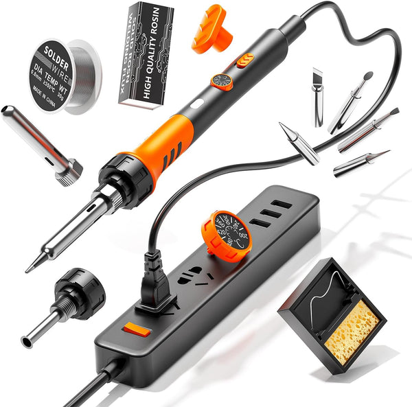60W Adjustable Temperature Soldering Iron Kit - 9-in-1 With 5 Tips, Solder Wire Stand for Soldering and Repair Orange