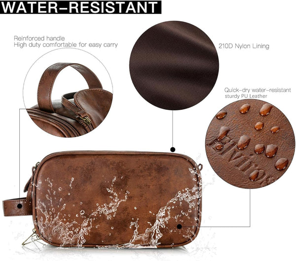 Elviros Toiletry Bag for Men PU Leather Dopp Kit (Large, Dark Brown) | Water-Resistant Travel Organizer for Bathroom Toiletries, Shaving Tools,