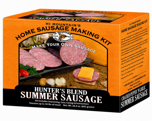 Hi Mountain HUNTER'S BLEND Summer Sausage Seasoning Kit | Complete sausage-making kit with seasoning, cure & 10 casings. Makes 30 lbs for beef,