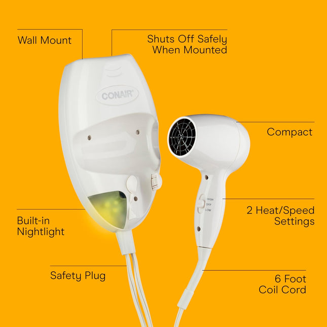 Conair Wall-Mount Hair Dryer, 1600W Hair Dryer with LED Night Light, Wall Mount 