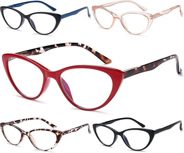 EYEURL 5-Pack Cat Eye Reading Glasses for Women- Men Blue Light Blocking Glasses Stylish Computer Readers for Women Anti Eyestrain & Glare with