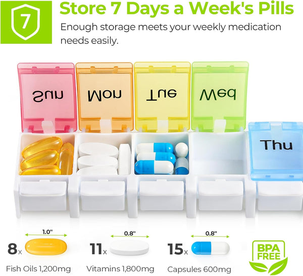 AUVON Weekly Pill Organizer Arthritis Friendly, BPA Free Travel 7 Day Pill Box Case with Spring Open Design and Large Compartment to Hold