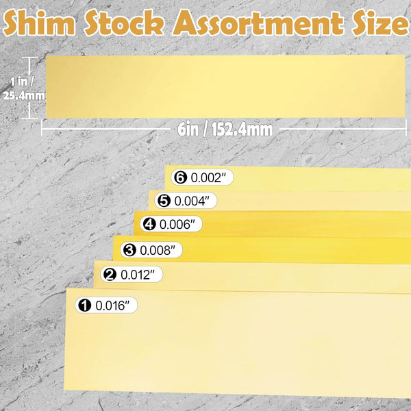 Brass Strip, Brass Shim Stock Assortment, 1" Width x 6" Length, 0.002", 0.004", 0.006", 0.008", 0.012" and 0.016" Thickness, 6 Pieces 6 x 1 Inch 6