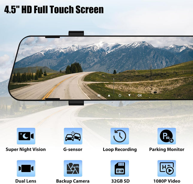 Mirror Dash Cam for Cars,4.5" Rear View Mirror 1080P Front and Rear View Dual Cameras,Super Night Vision,Parking Assista