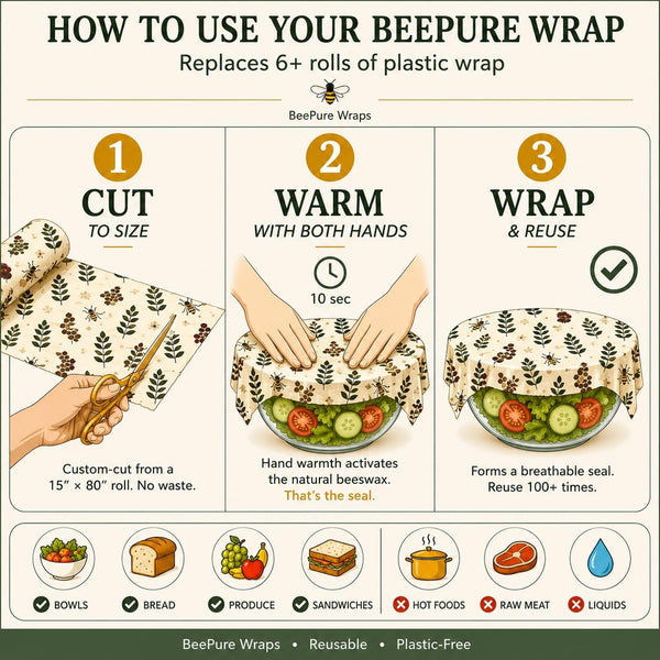 BeePure Reusable Beeswax Food Wrap - Eco-Friendly, Sustainable Wrap Roll (15"x80") - Plant & Bee Pattern for Food Storage BP-ROLL-NATURE