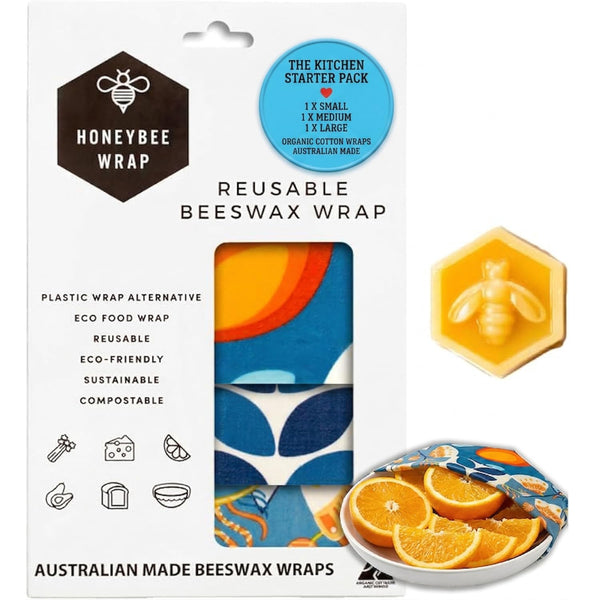 Honeybee Beeswax Wraps - Kitchen Starter Pack with Wax Replenish Block - Certified Organic Cotton Beeswax Wrap - Reusable Beeswax Food Wrap - 3