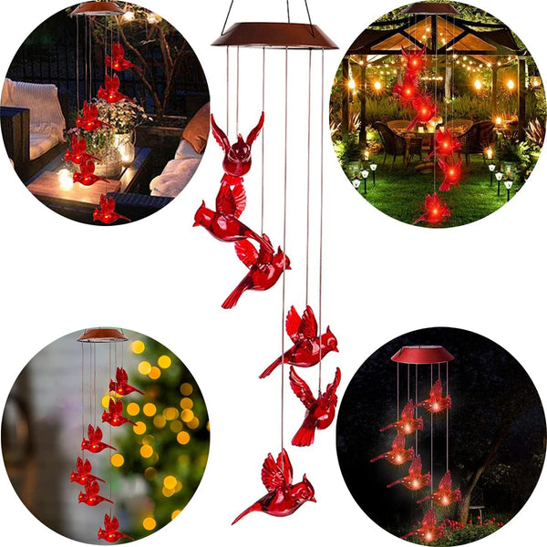 Solar Cardinal Wind Chimes Lights for Outside Garden Patio Decor | Red Bird Hanging Windchimes for Home/ Outdoors, Memorial Gifts Gifts for Mother
