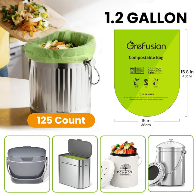 Compostable Bags for Kitchen Compost Bin, 1.2 Gallon, 125 Count, Certified by BP