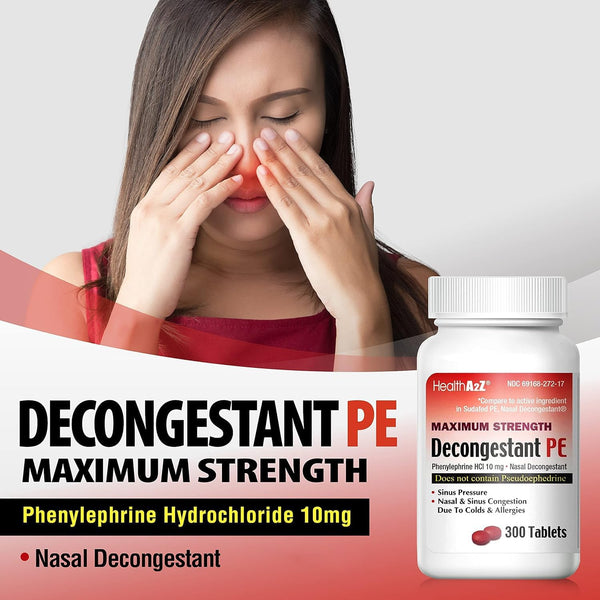 HealthA2Z® Decongestant PE, Phenylephrine HCl 10mg, Sinus Relief, 300 Count 300 Count, 10mg (Pack of 1)