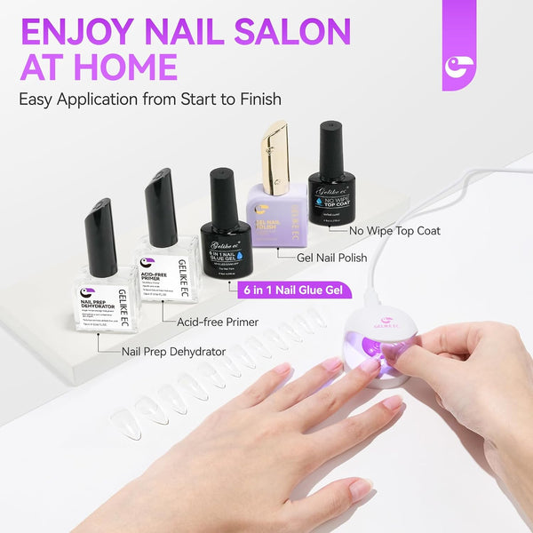 Gelike EC Gel Nail Glue for Press Ons: 6 in 1 Strong UV Nail Glue for Nail Tips and Acrylic Nail - Long Lasting 28 Days Hold Quick UV Cure - Hema