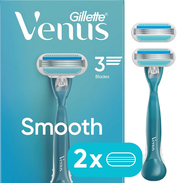 Gillette Venus Smooth Razor for Women, Includes 1 Reusable Razor Handle + 2 Count 3-Bladed Refills, Ergonomic Soft Grip Handle 1 Count (Pack of 1)