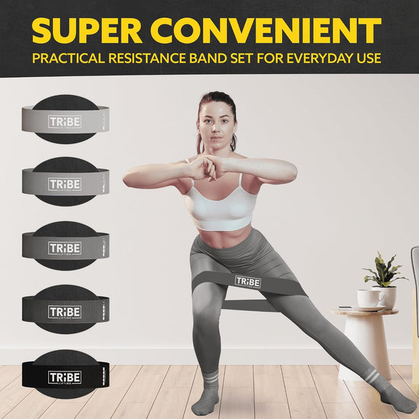Tribe Lifting Fabric Resistance Bands for Working Out - 5 Exercise Bands Set for Legs and Glutes - Booty Bands for Women and Men - Thick Cloth