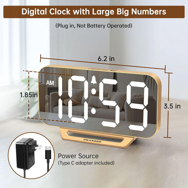 Peakeep Slim Digital Mirror Aesthetic Alarm Clock for Bedrooms Desk Decor - Plug in Electric Big LED Modern Small Clock for Office Living Room,