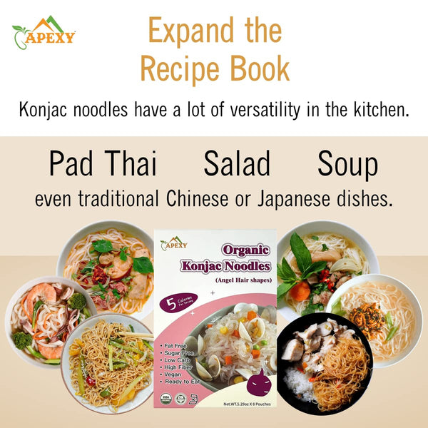 Apexy Organic Shirataki Konjac Noodle 8 Pouches Total 42.24oz. Low Calorie, Low-Carb Gluten Free, Vegan, Keto and Paleo-Friendly. (Angel Hair