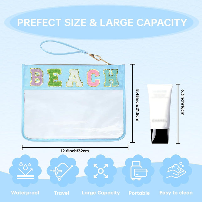 Chenille Letter Clear Zipper Pouch for Travel Preppy Patch Makeup Bag-Nylon Cosm