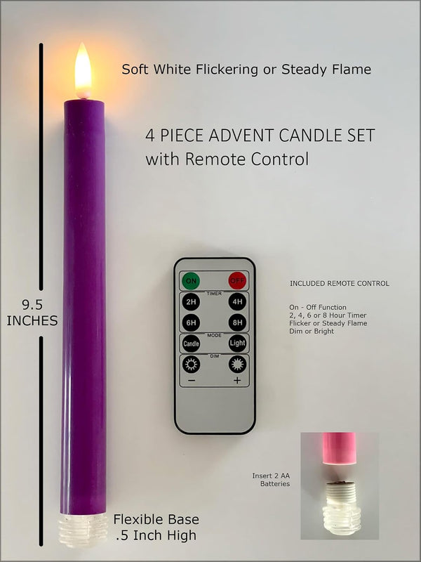 Flameless Advent Candle Set 4-Piece LED Advent Taper Candles Purple and Pink - Soft White Flickering Flame - Remote Control