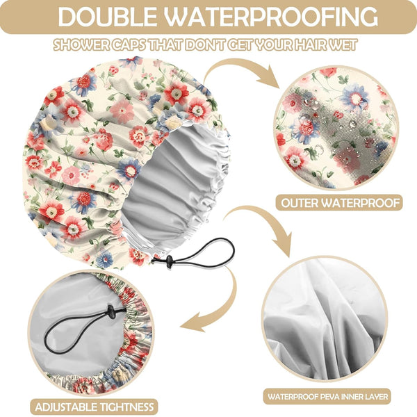 2 PCS Shower Cap Adjustable Reusable Double Waterproof Layer Elastic Hair Bath Cap Cute Aesthetic for Women Girls-Leaf I6-Leaf