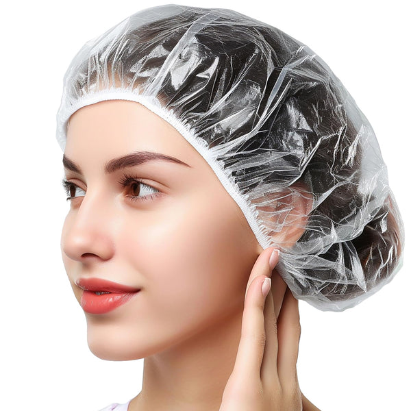 Smilco Disposable Shower Caps 100PCS - 18.1 Inch Large Plastic Hair Cap, Clear Elastic Waterproof Bath Caps - Travel Essentials, Bathing