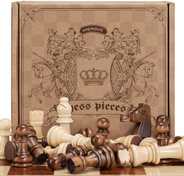 AMEROUS Wooden Chess Pieces Only, Staunton Style Wood Chessmen with 3.15" King - Storage Bag - Gift Packed Box, Tournament Chess Game Pawns for