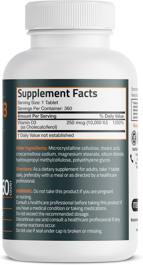 Bronson Vitamin D3 10,000Iu (250Mcg) 1 Year Supply for Healthy Muscle Function and Immune Support, Non-Gmo, 360 Tablets