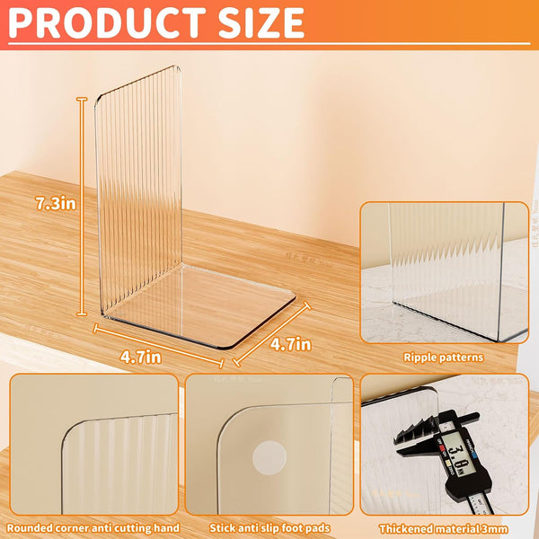 SUOXING 6 PCS Clear Acrylic Book Ends for Shelves Decorative,Invisible Book Stopper with Non-Slip Mats for Heavy Books,Small Acrylic Bookends for