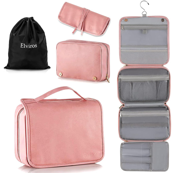 Elviros Hanging Travel Toiletry Bag for Women, 3-in-1 Large Makeup Bag and Cosmetic Organizer, Vegan Leather Waterproof Skincare Case for Travel