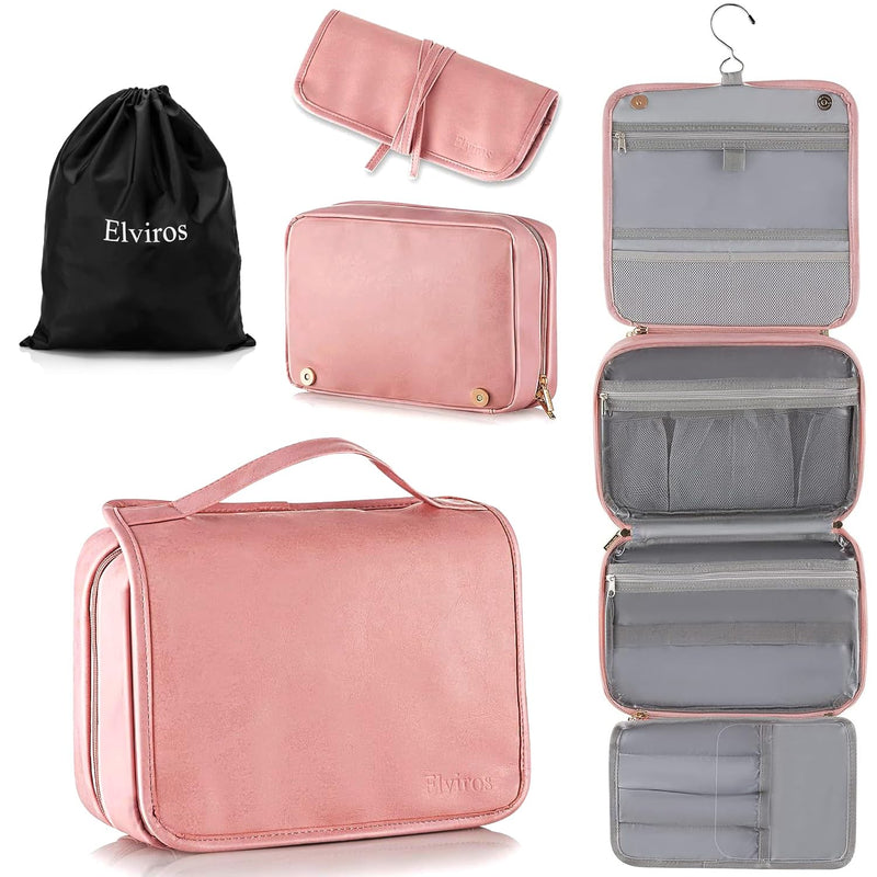 Elviros Hanging Travel Toiletry Bag for Women, 3-in-1 Large Makeup Bag and Cosmetic Organizer, Vegan Leather Waterproof Skincare Case for Travel