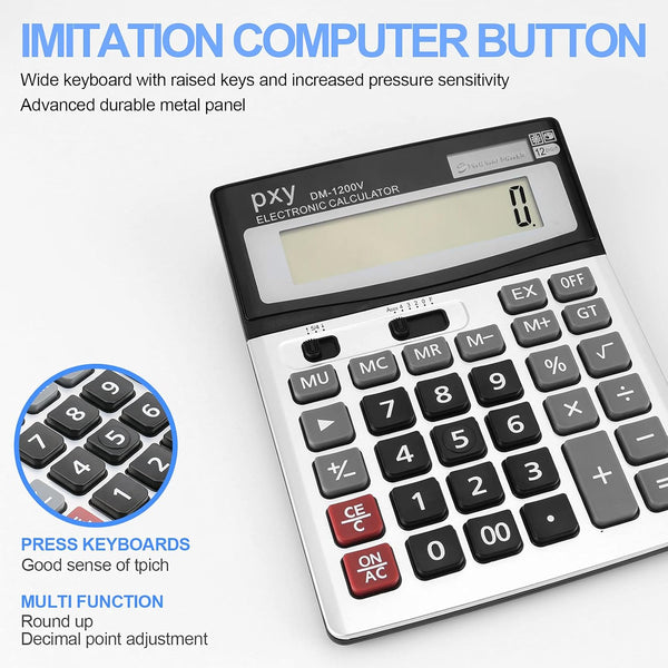 Desk Calculator 12 Digit Extra Large LCD Display, Touch Comfortable with Big Buttons, PXY Two Way Power Battery and Solar Standard Function Office
