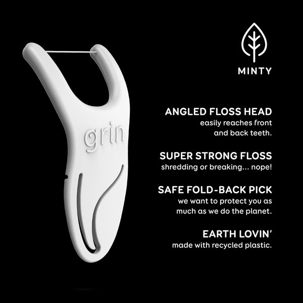 GRIN Molar Flosspyx, Floss Picks, 75 Count, Dental Flossers, Minty Flavor, Recycled Plastic, Great for Reaching Back Teeth, Slide Easily Between