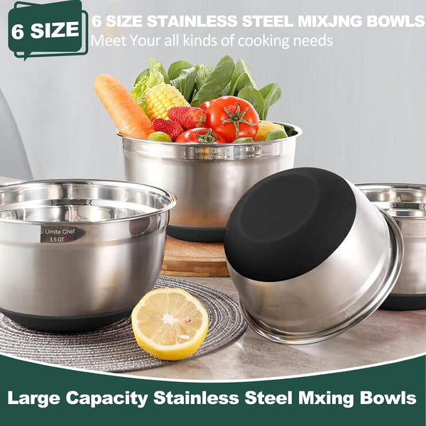 Umite Chef Mixing Bowls with Airtight Lids，6 piece Stainless Steel Metal Nesting Storage Bowls, Non-Slip Bottoms Size 7, 3.5, 2.5, 2.0,1.5, 1QT,