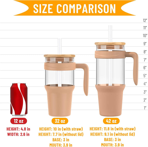 Tronco 40 Oz Glass Tumbler with Straw and Lid, Reusable Glass Tumbler with Handle, Iced Coffee Cup with Bamboo Lid, Glass Water Bottles Fit in Cup