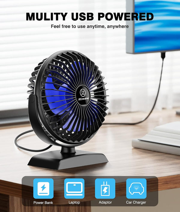 JZCreater USB Desk Fan, 2Pack USB Fan, 360 Rotation Desktop Fan with 3 Speed, Table Personal Cooling Fan, Quiet Mini Desk Fan, USB Powered, Small