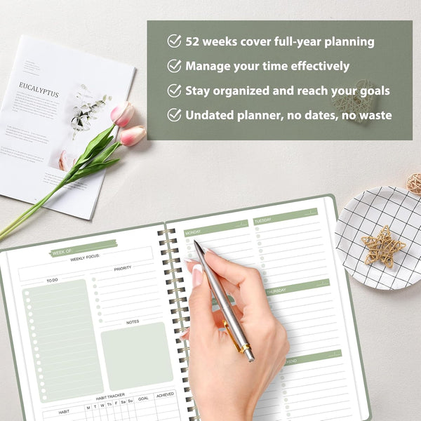 Undated Weekly Planner, Weekly to Do List Notebook with Goal, Organizer & Habit Tracker, A5 Daily Planner with Spiral Binding, Ideal for Office